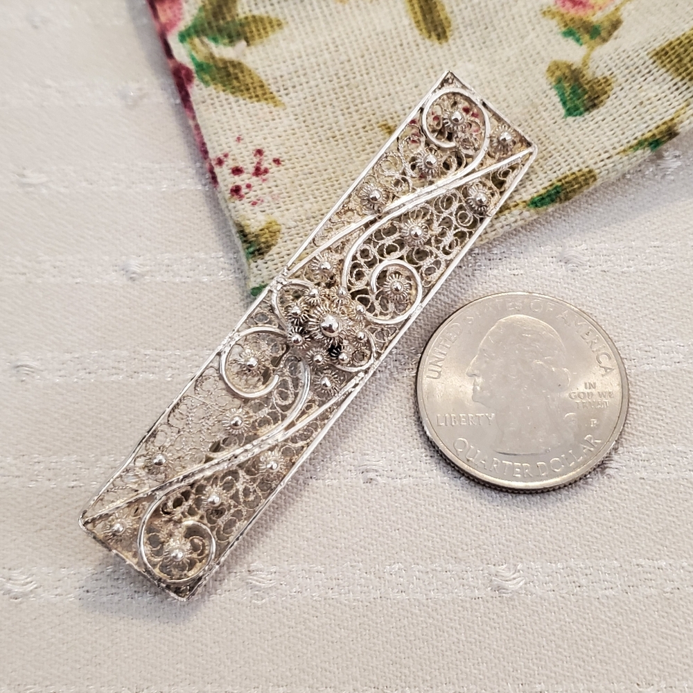 835 Stamped Vintage Sterling Silver Filigree Bar Broach Pin